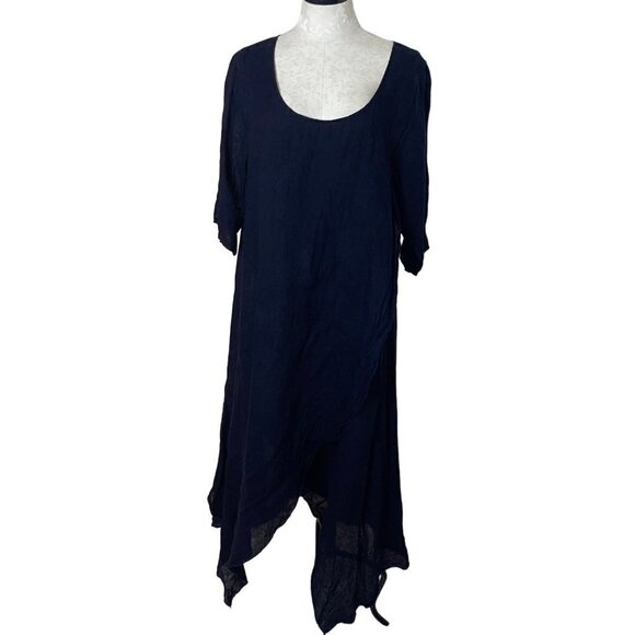 Luna Luz Maxi Dress Size Medium Blue Crossover Asymmetric Hem Lagenlook Linen - Picture 13 of 15